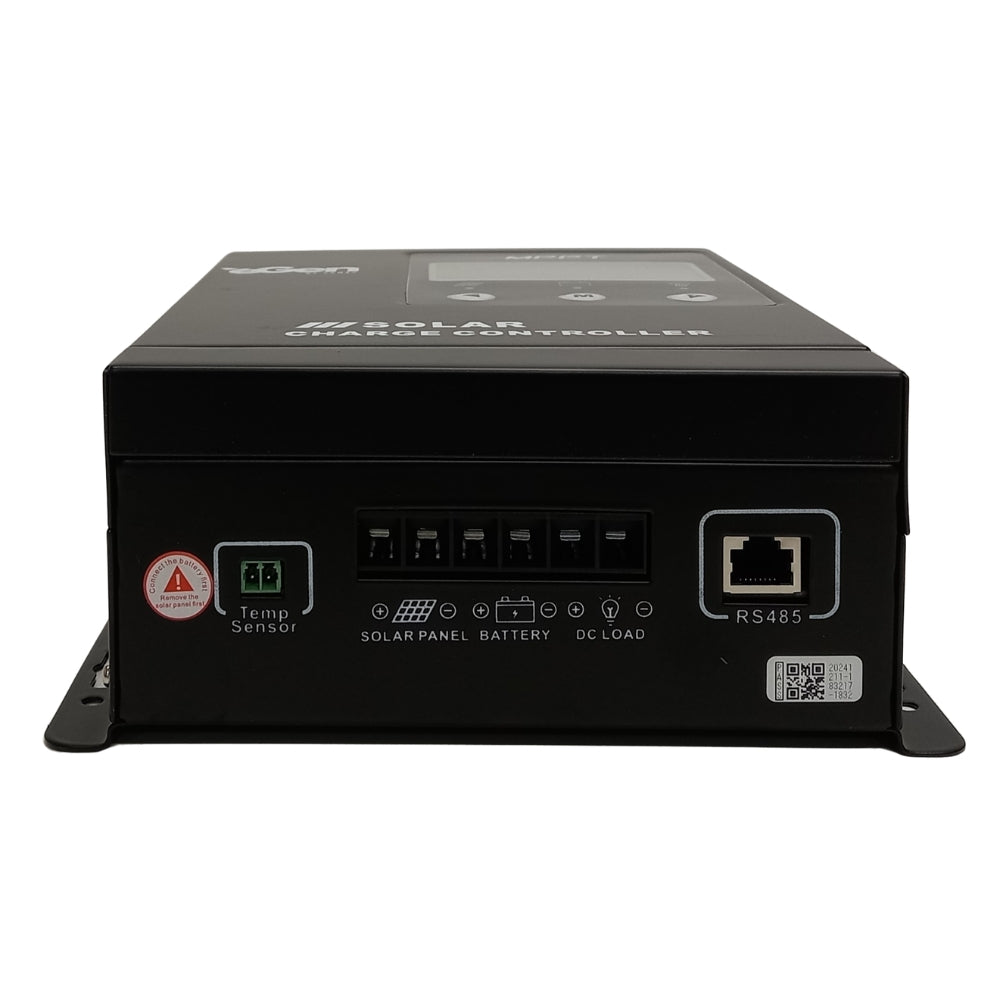 Black solar charge controller with various ports and labels on a white background