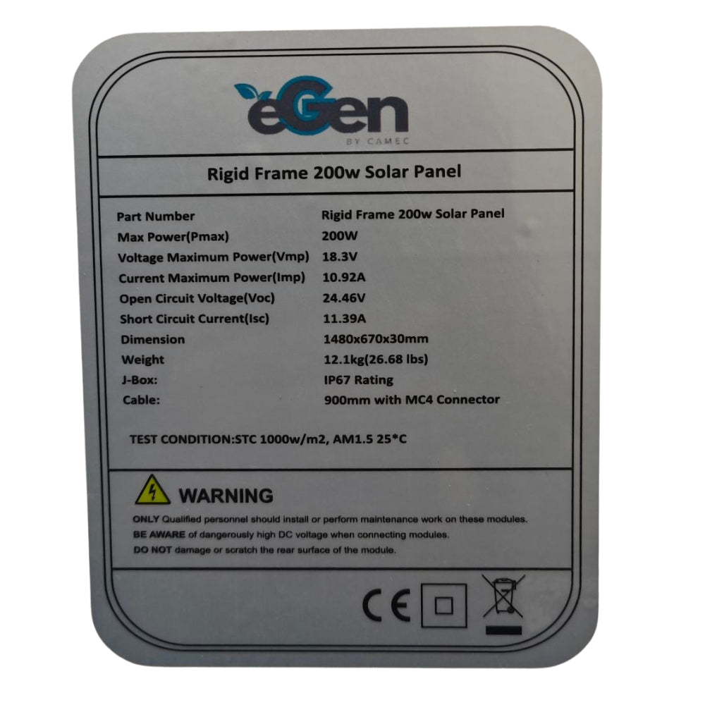Back view of a solar panel with eGen branding and technical specifications.