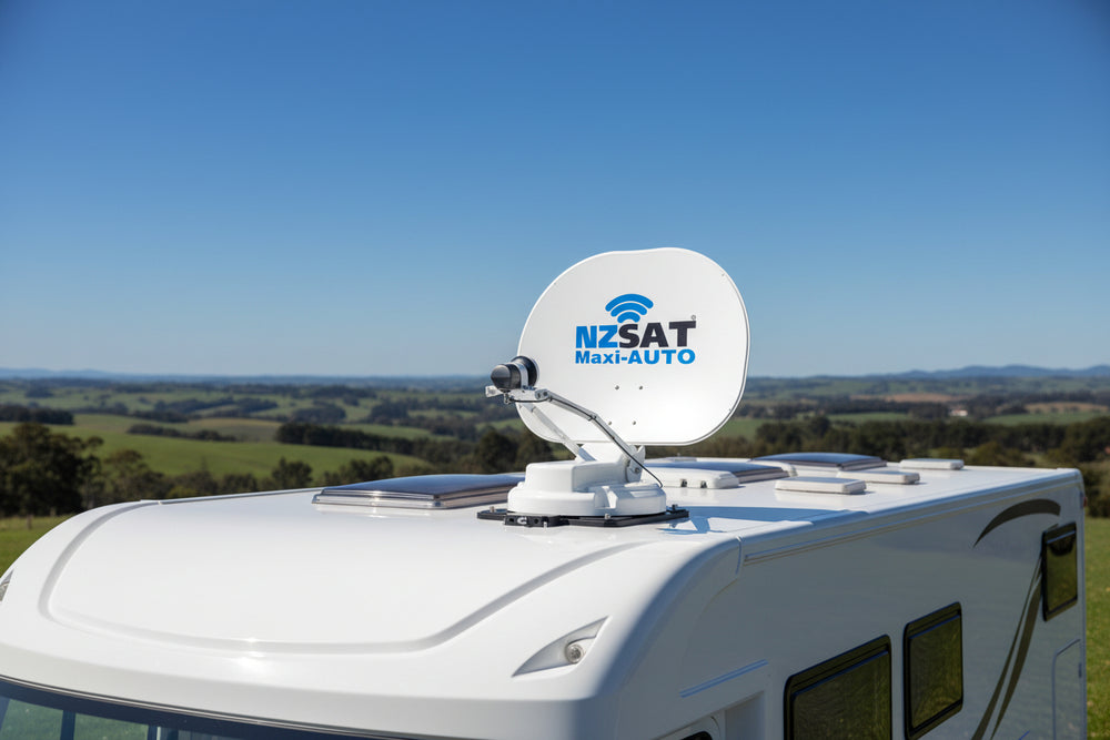 NZSAT Maxi-Auto satellite dish on top of a motorhome