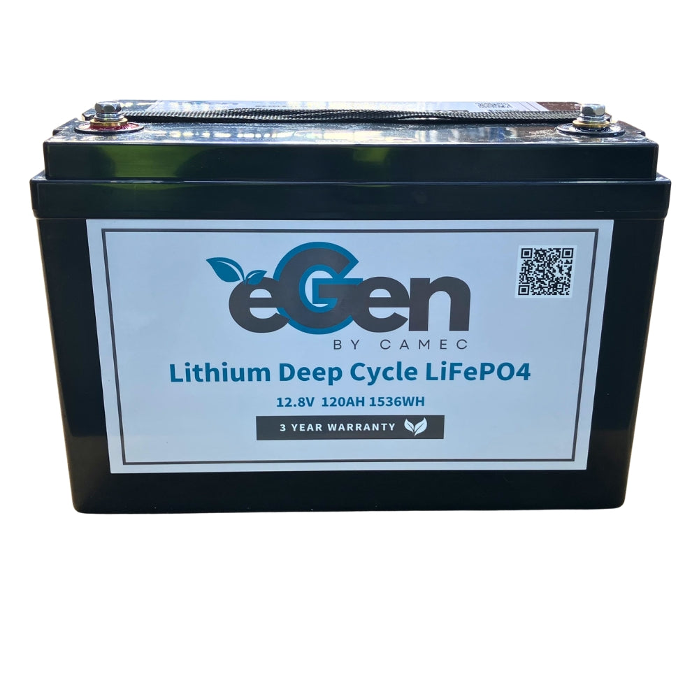 Lithium deep cycle battery with eGen branding on a white background